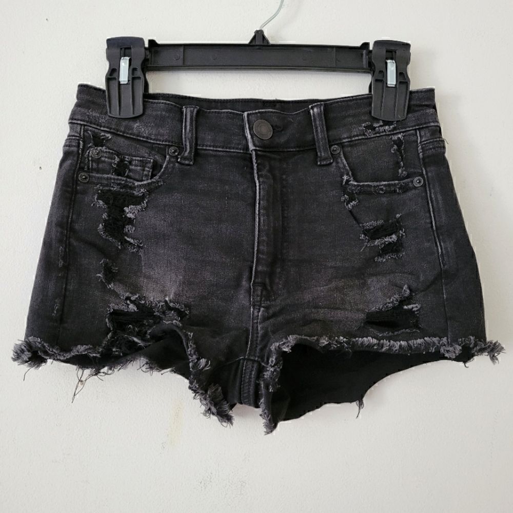 American Eagle Hi-Rise Shortie Black Distressed Shorts Raw Hem 4